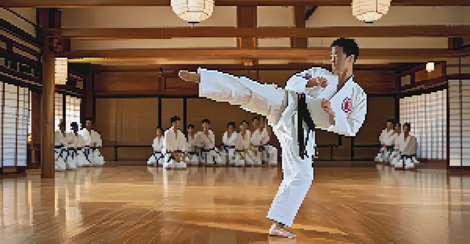A martial arts instructor performing a high kick in a dojo, wearing a white gi, with wooden floors and soft natural lighting.