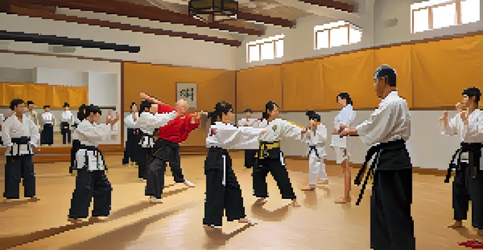 A senior martial arts student teaching a newcomer basic techniques in a supportive dojo environment.
