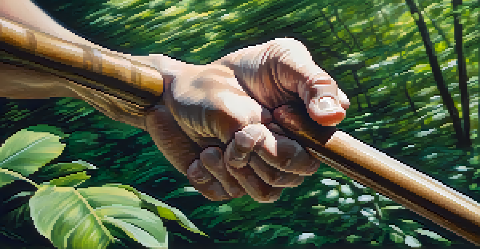 A close-up of a martial artist gripping a wooden staff, with a blurred background of a green forest and sunlight filtering through the leaves.