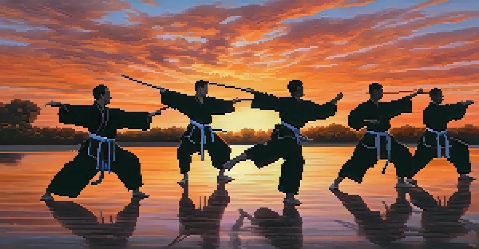 A group of martial artists performing kata against a colorful sunset backdrop, showcasing unity and discipline.