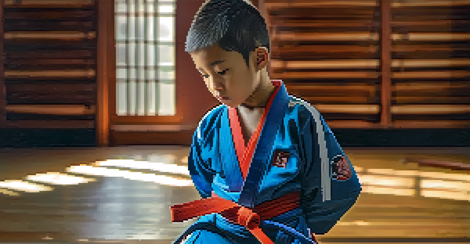 A close-up of a child's hands tying a martial arts belt, with a colorful uniform and a wooden dojo background.