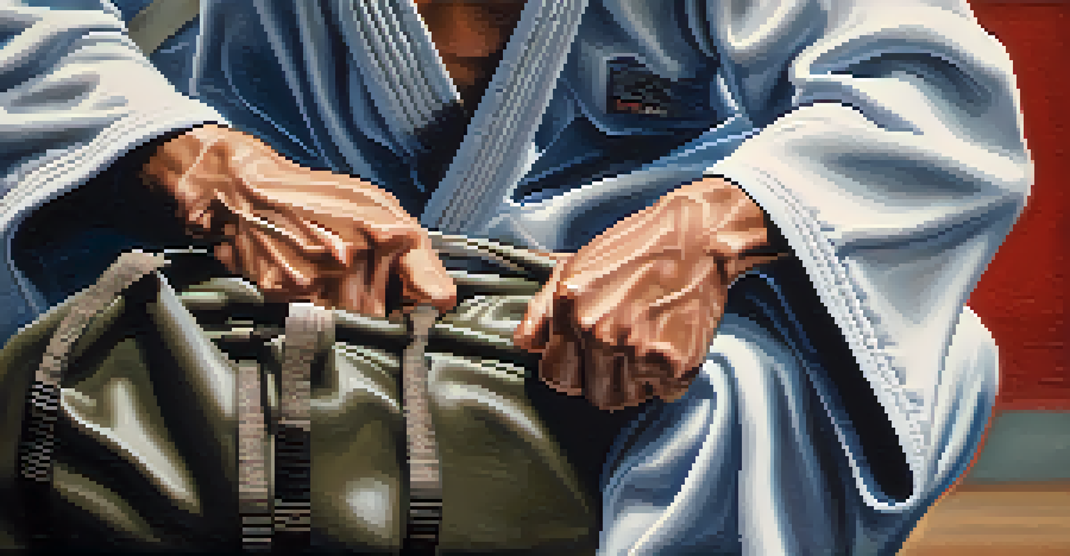 A close-up of a patient’s hands gripping a martial arts training bag, symbolizing determination and focus in rehabilitation.