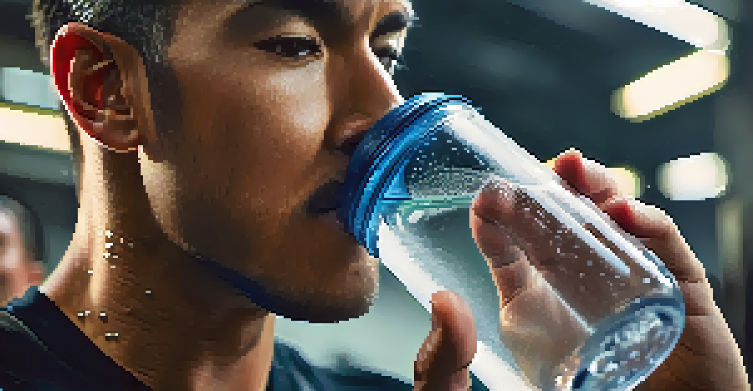 A close-up of a martial artist drinking water from a clear bottle, highlighting the importance of hydration in training.