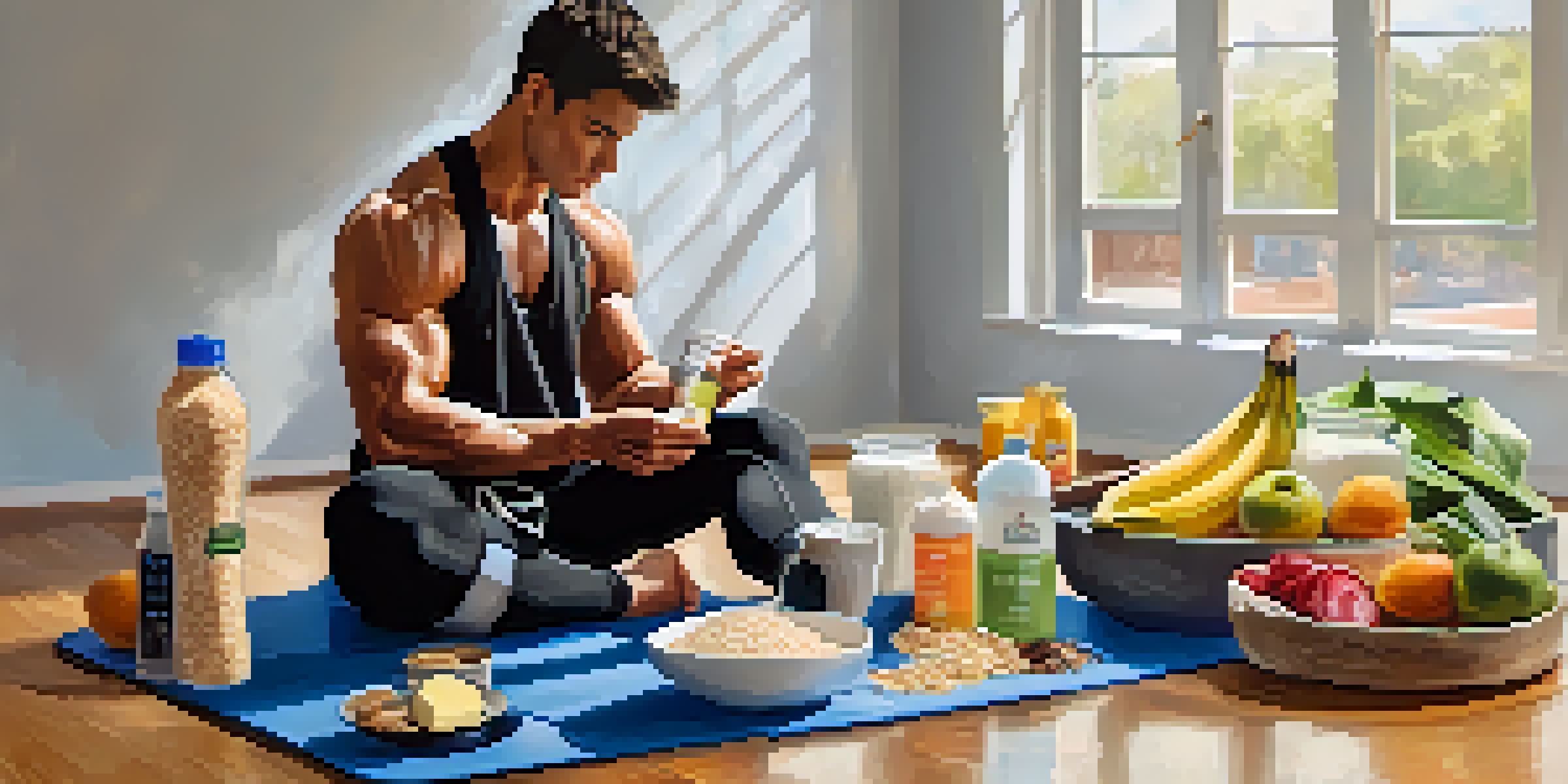 A martial artist sitting on a gym mat with healthy pre-workout foods around them, highlighting the significance of nutrition before training.