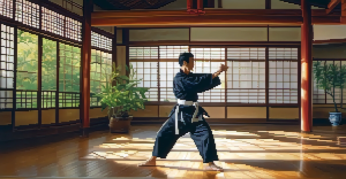 A martial artist engaged in dynamic stretching in a sunlit dojo, performing leg swings and arm circles.