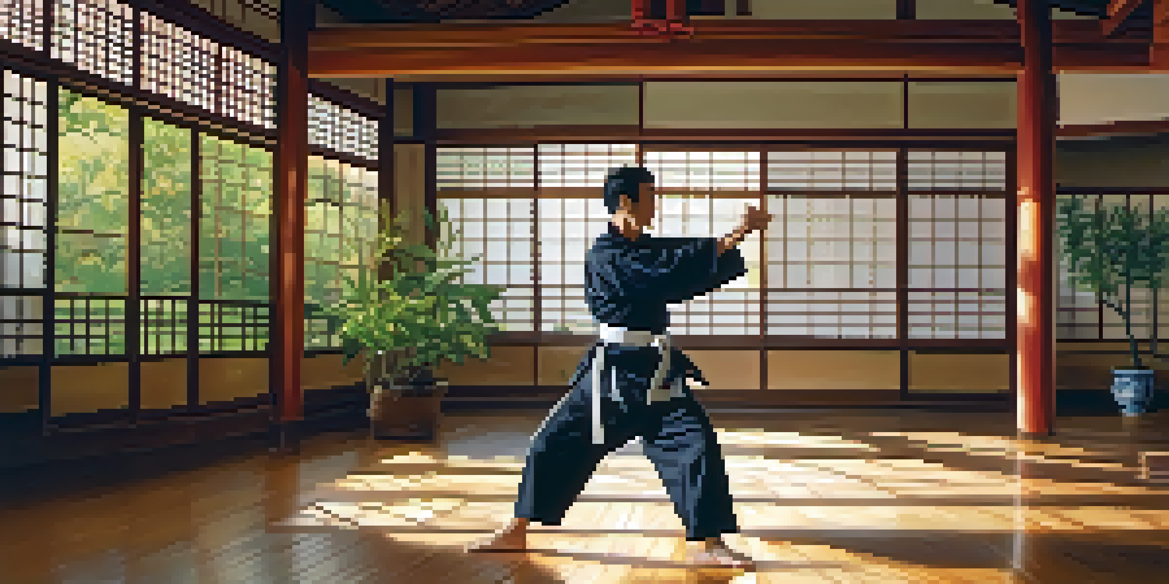 A martial artist engaged in dynamic stretching in a sunlit dojo, performing leg swings and arm circles.