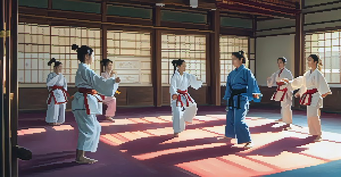 A diverse group of women training in martial arts in a well-lit dojo, demonstrating techniques with strong expressions and colorful uniforms.