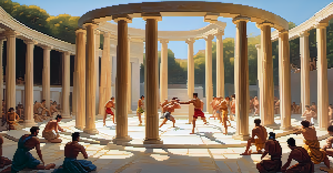 A group of ancient Greek athletes practicing Pankration in a sunlit outdoor arena with marble columns.