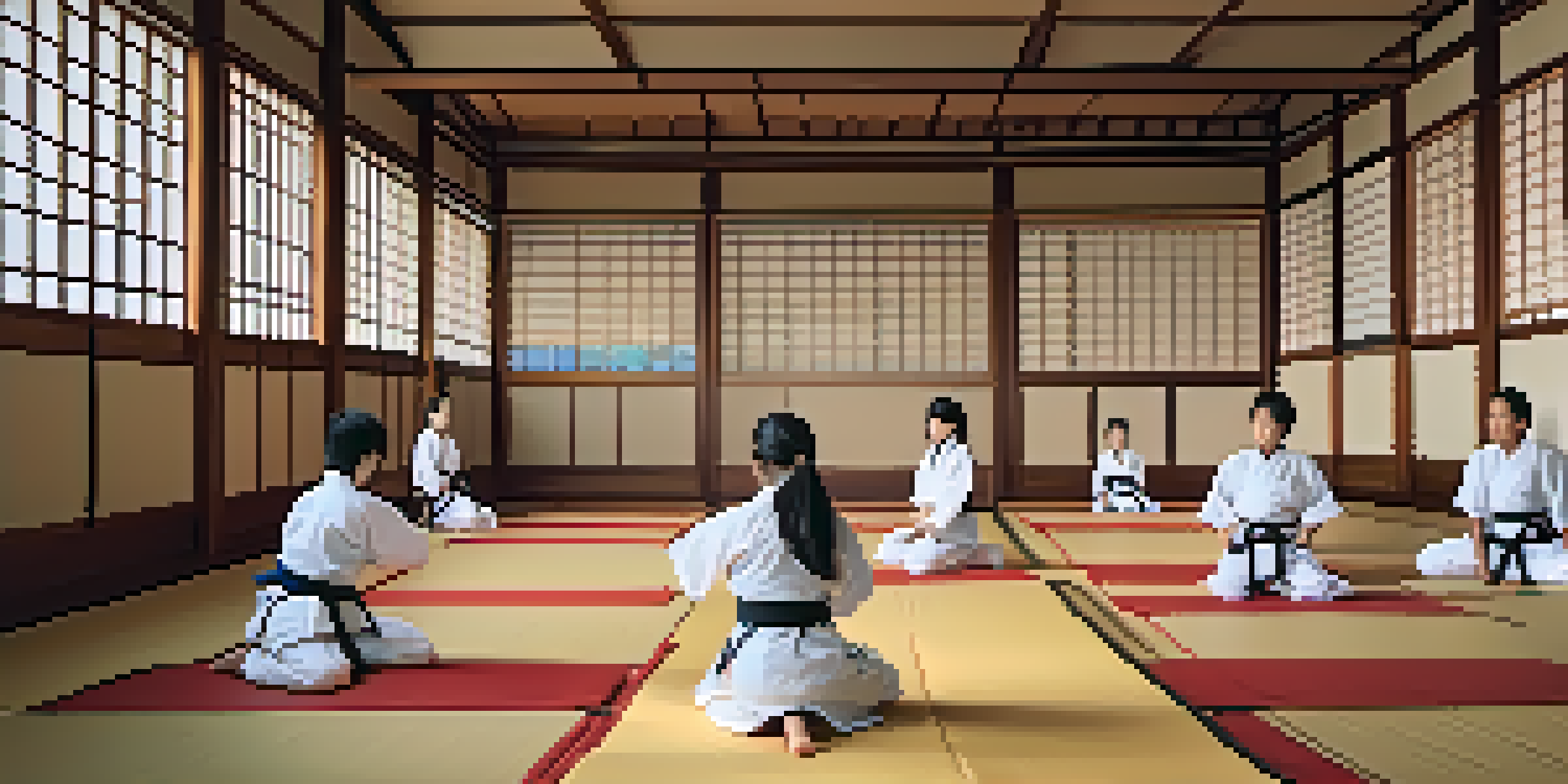 A peaceful martial arts dojo with students practicing kata, illuminated by soft light and decorated with calligraphy.