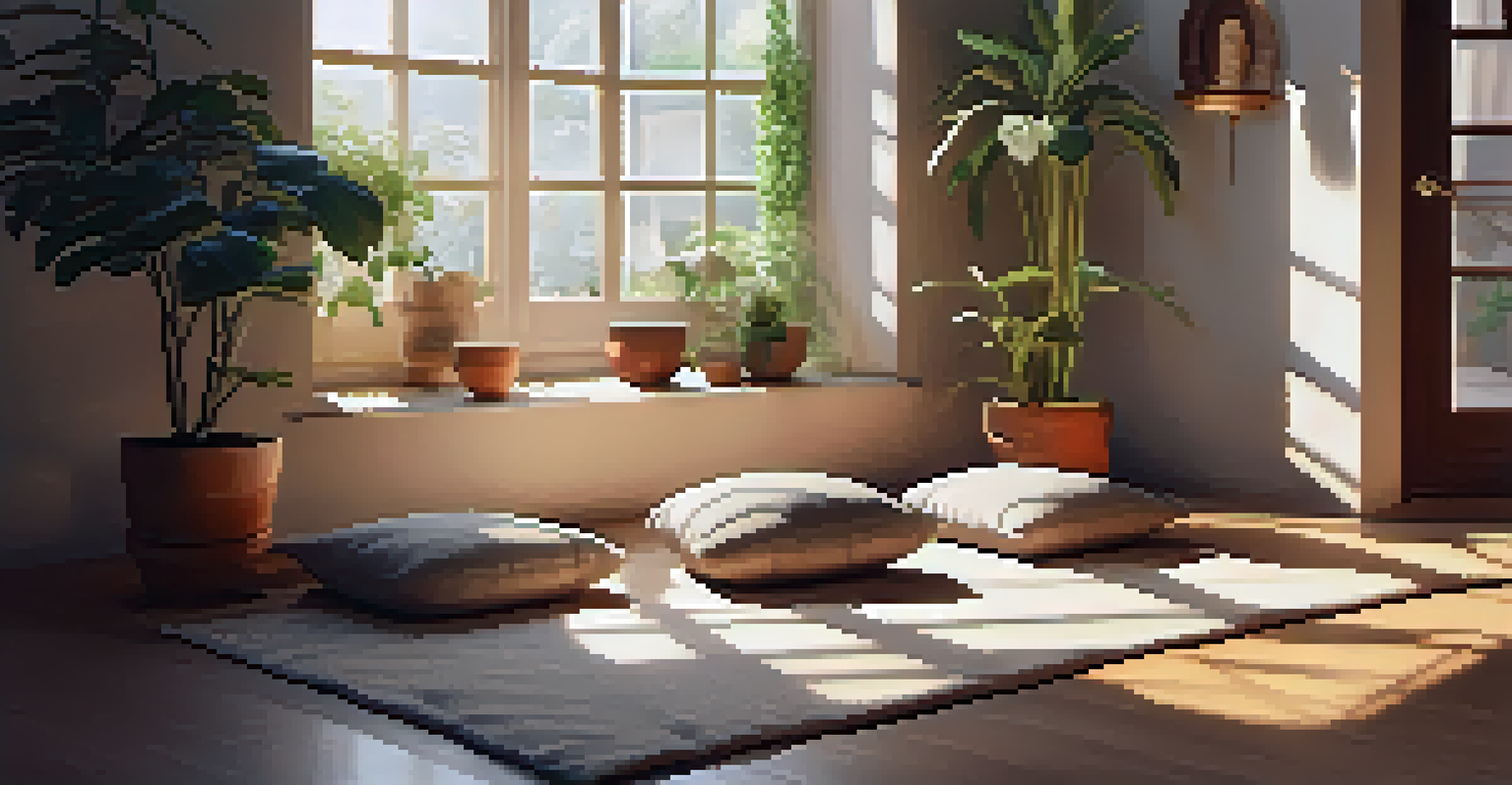 A cozy meditation corner with cushions and candles, featuring a person seated in a cross-legged position meditating in soft natural light.