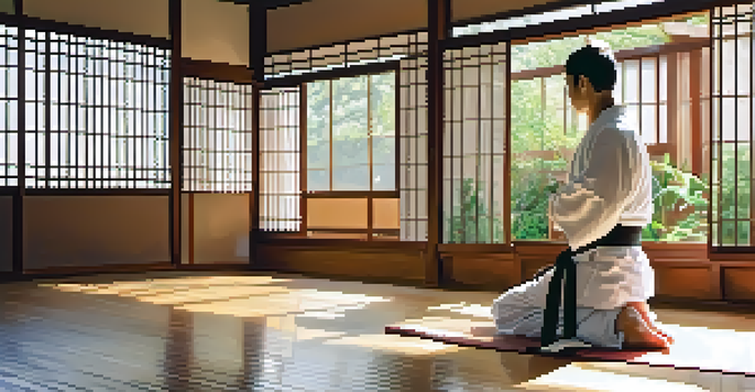 A martial artist in a dojo practicing deep breathing, surrounded by a tranquil environment of wooden flooring and soft curtains.