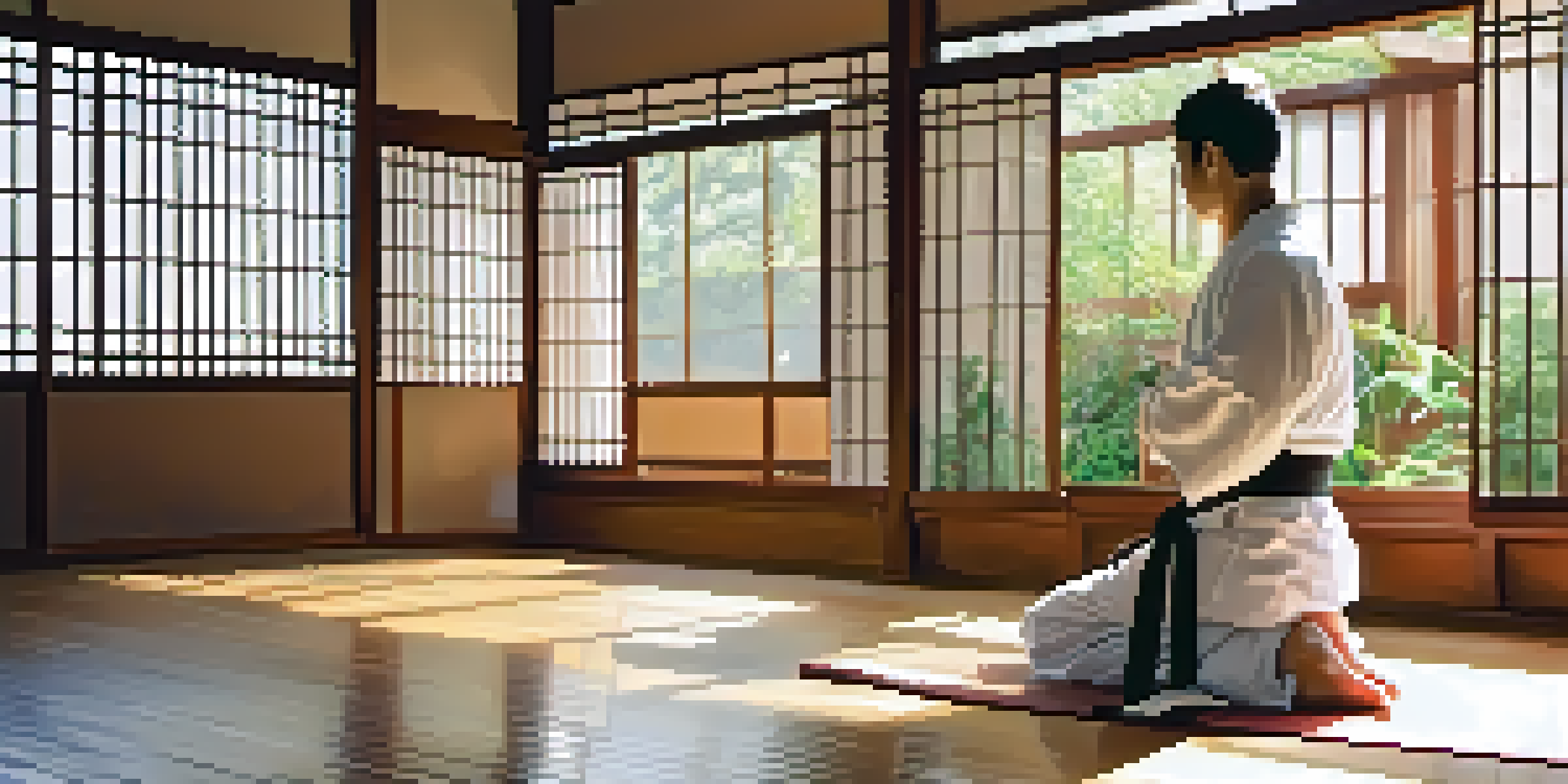 A martial artist in a dojo practicing deep breathing, surrounded by a tranquil environment of wooden flooring and soft curtains.