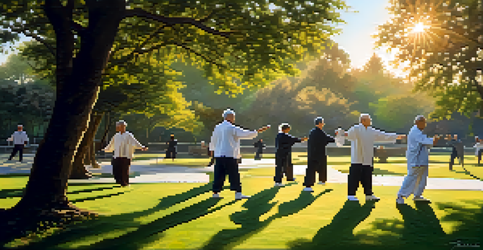 Seniors practicing Tai Chi in a park at sunrise, surrounded by greenery and showcasing graceful movements.
