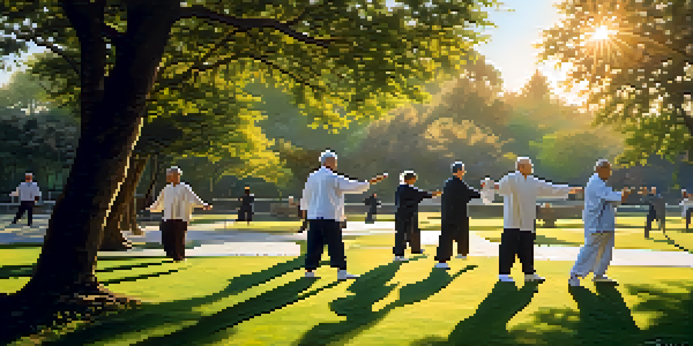Seniors practicing Tai Chi in a park at sunrise, surrounded by greenery and showcasing graceful movements.