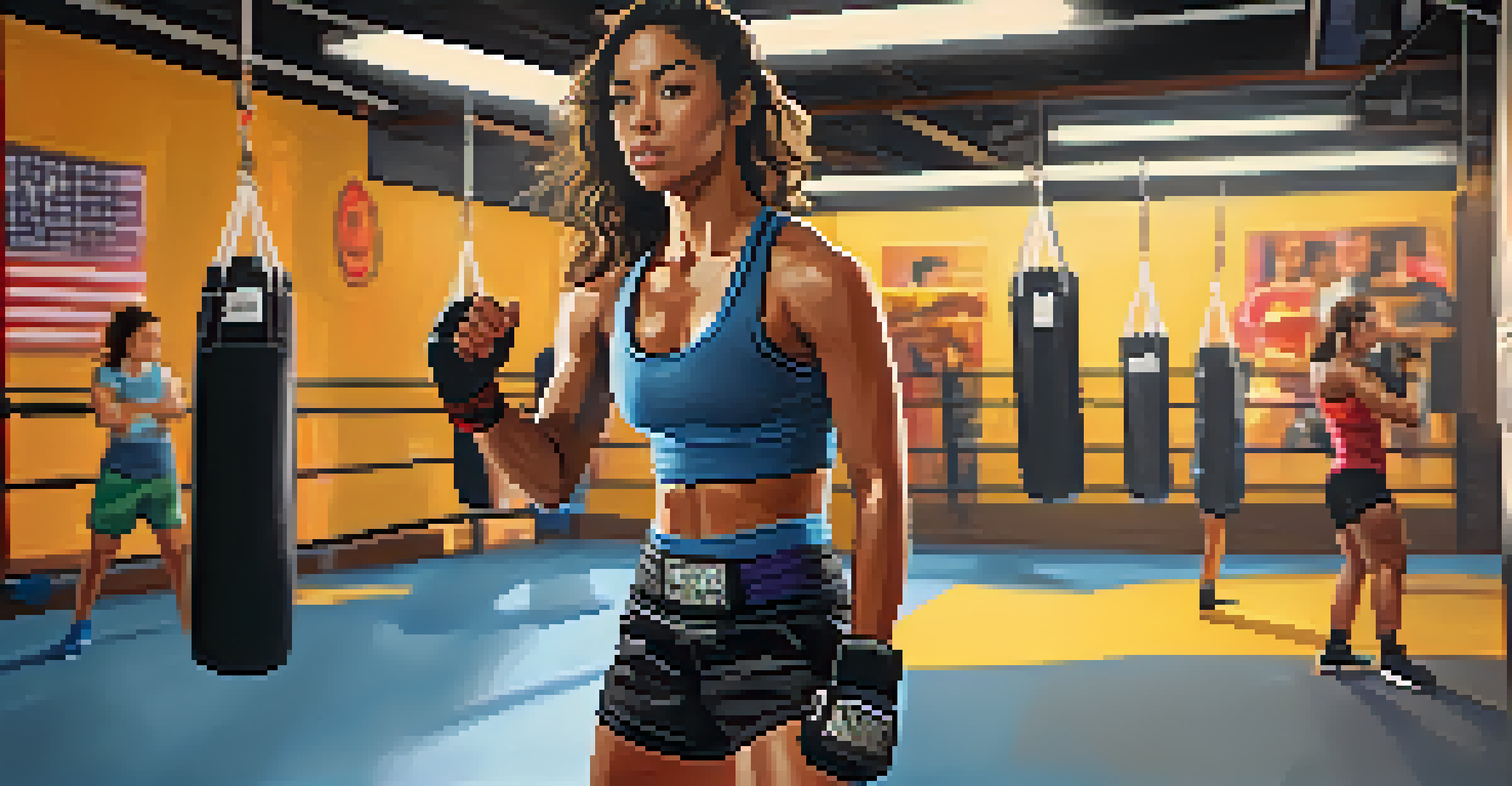 A modern female martial arts fighter training in a bright gym, surrounded by supportive female practitioners.