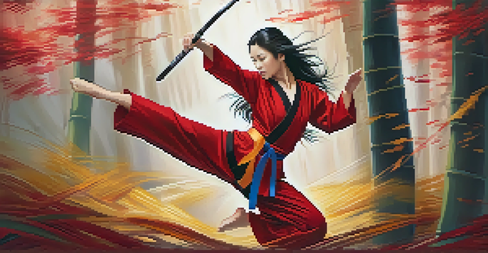 A female martial artist executing a powerful kick in a bamboo forest, wearing a traditional red and gold uniform with dappled sunlight around her.