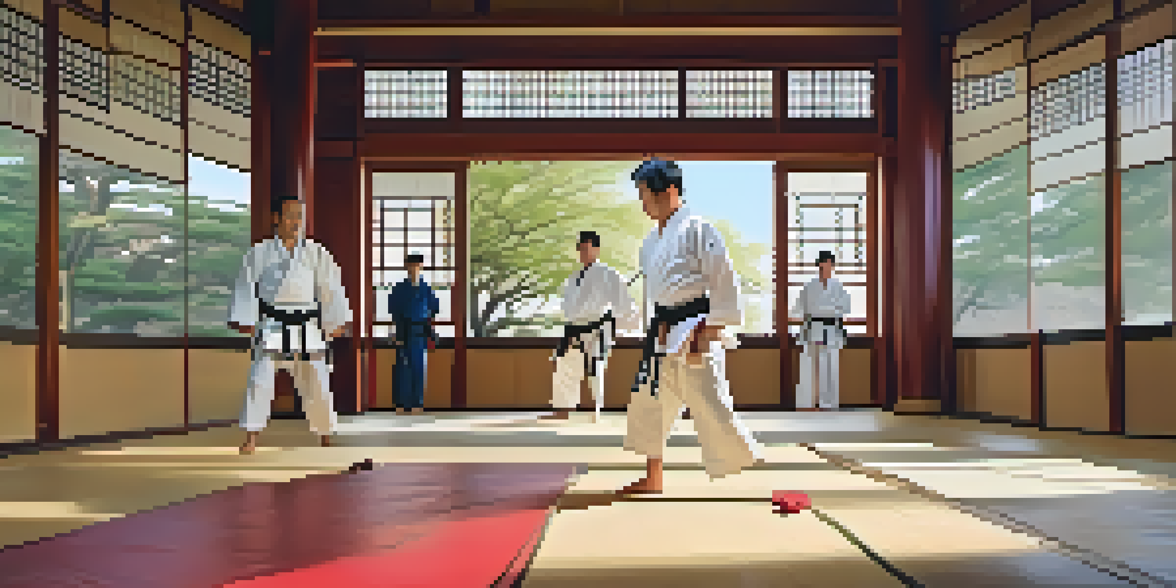 A martial arts dojo with diverse practitioners practicing their forms, illuminated by warm afternoon light, showcasing their focus and determination.