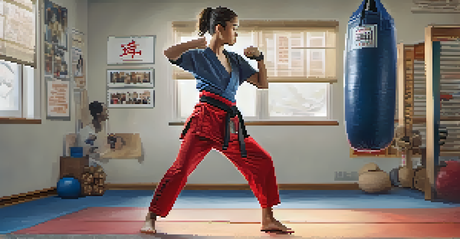 A young woman practicing her martial arts stance in front of a mirror, looking determined.