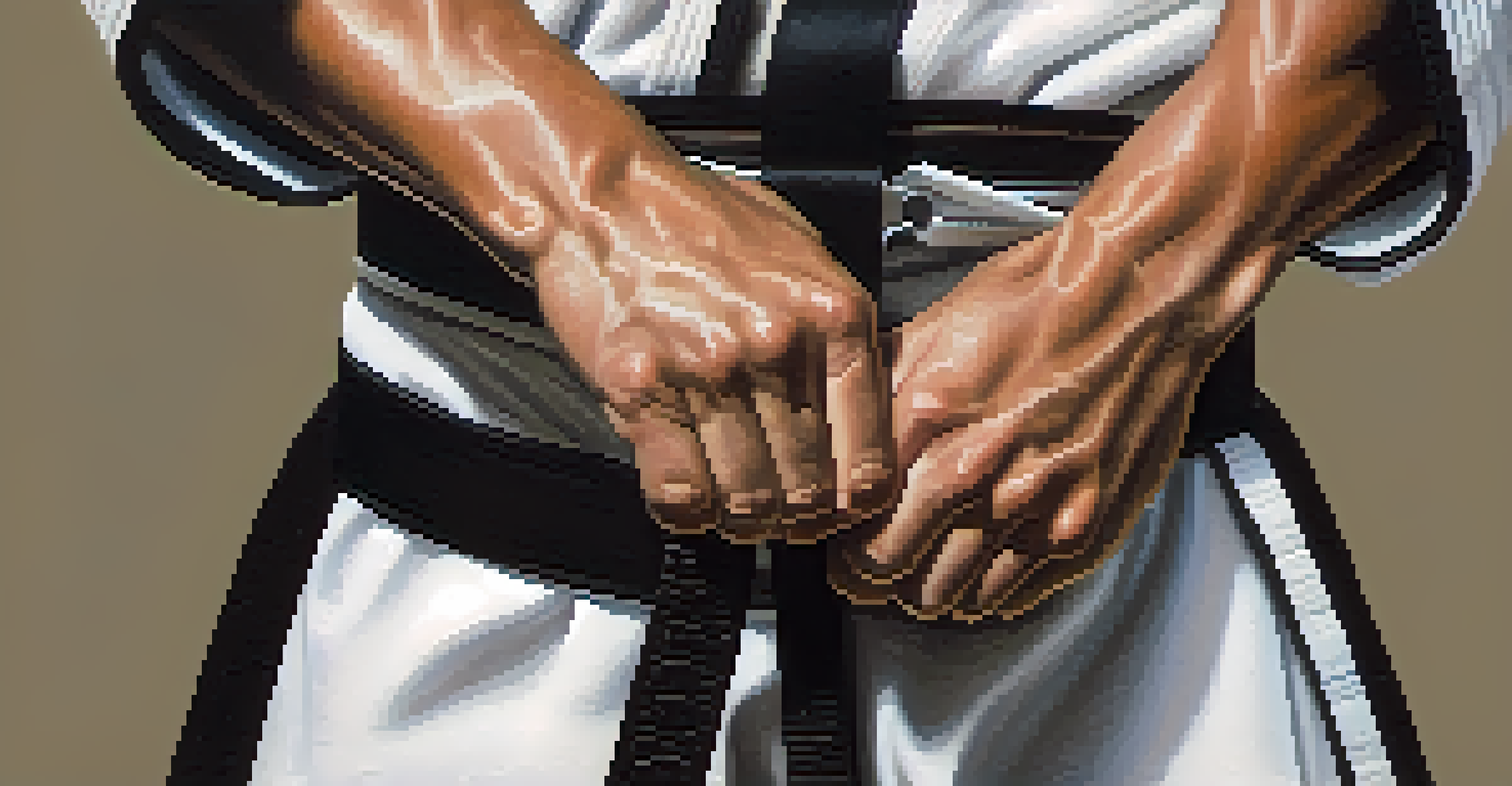 Close-up of a martial artist's hands gripping a black belt, emphasizing confidence and emotional control.