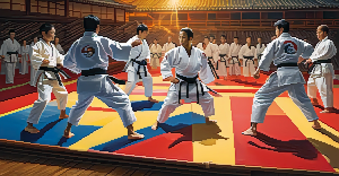 A scene of martial arts athletes performing a judo throw on a tatami mat, with sunlight streaming through windows and colorful banners in the background.
