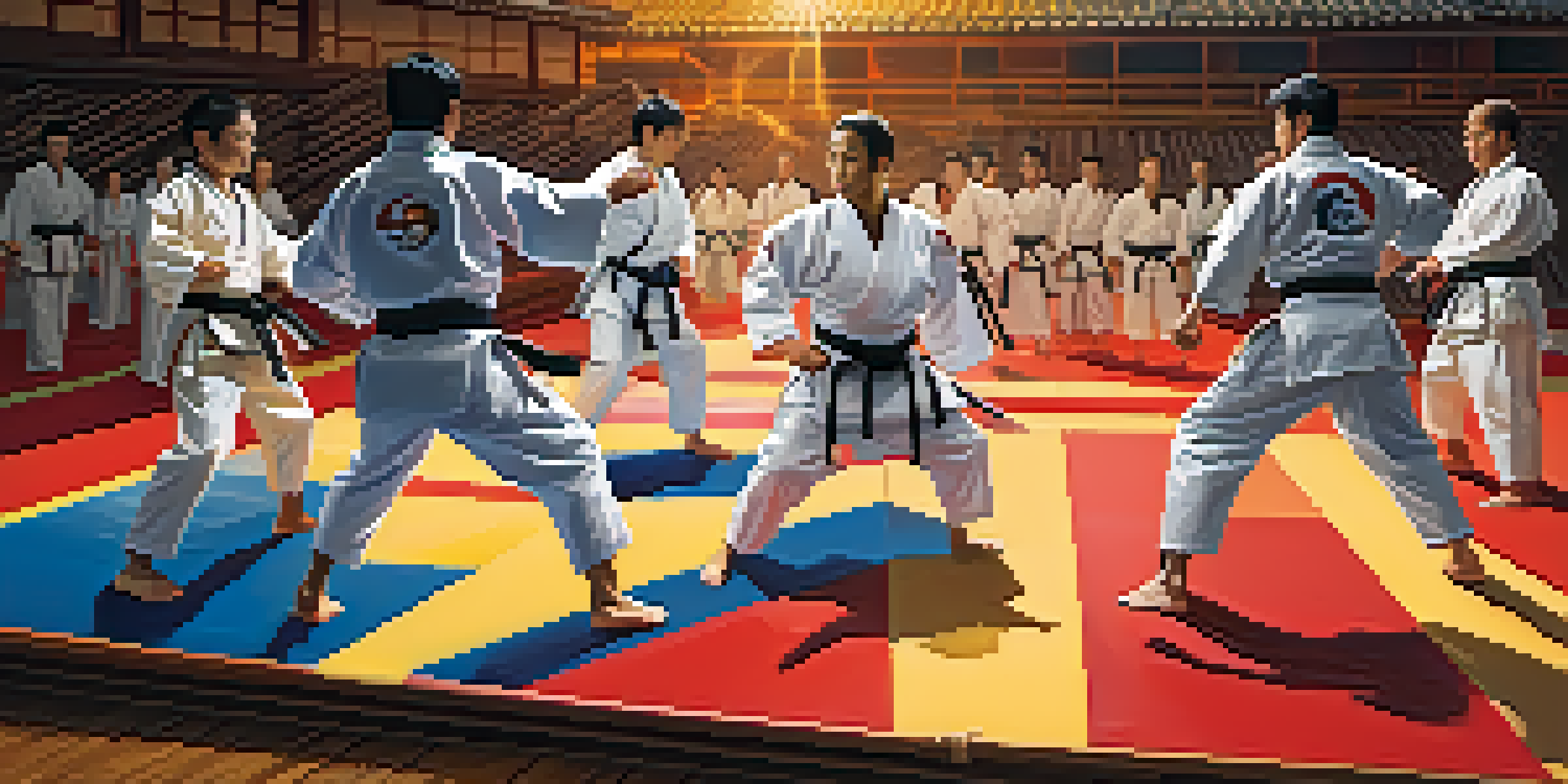 A scene of martial arts athletes performing a judo throw on a tatami mat, with sunlight streaming through windows and colorful banners in the background.