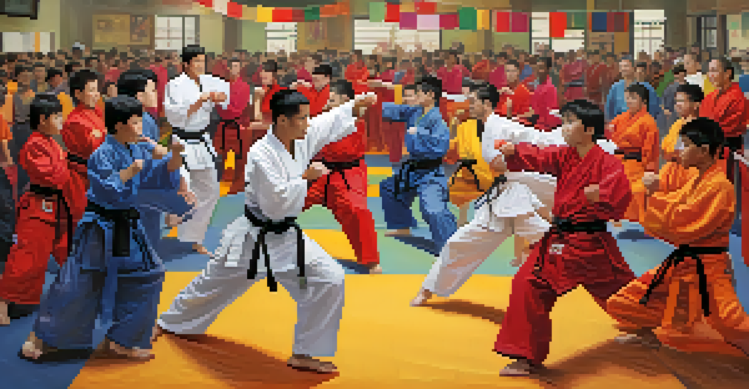 A lively community gathering at a martial arts school, featuring diverse practitioners in colorful uniforms engaged in sparring and demonstrations.
