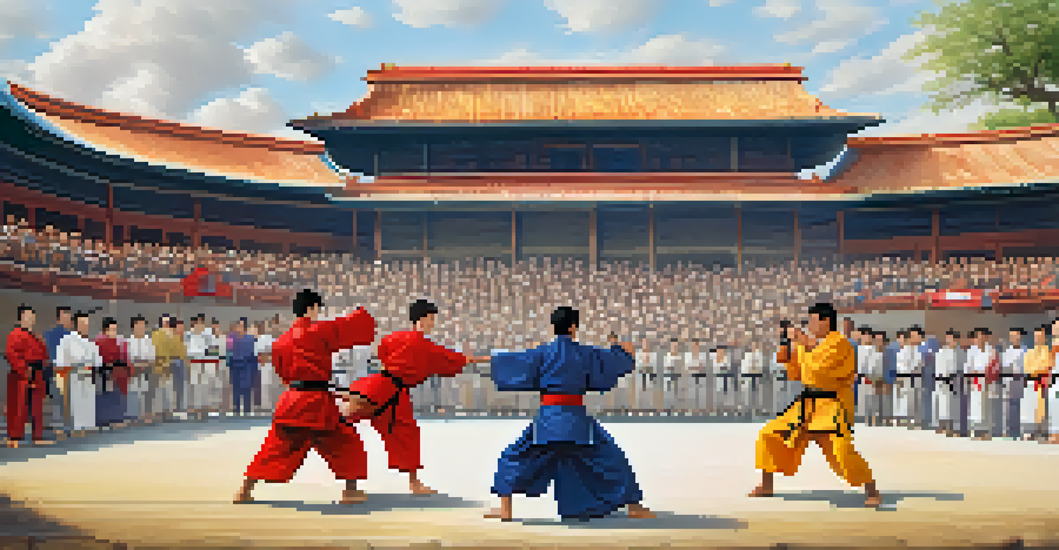 A community martial arts event with participants in a friendly competition, surrounded by cheering spectators and festive decorations.