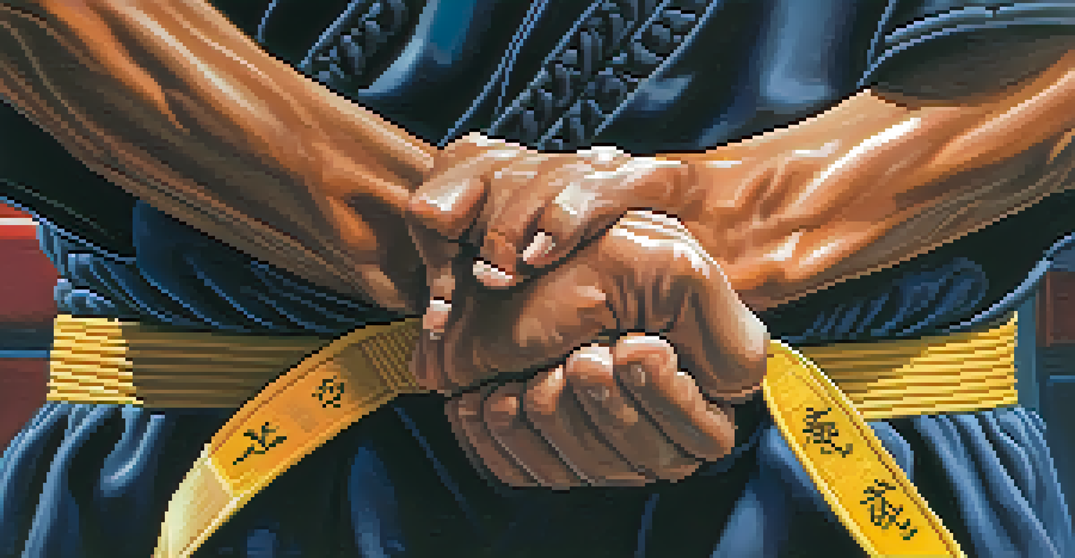 A close-up of hands holding a colorful martial arts belt in a dojo setting.