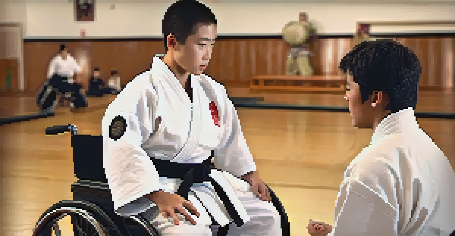 An instructor showing adaptive martial arts techniques to a student in a wheelchair in a welcoming dojo environment.