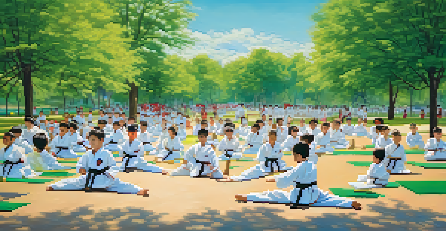 An outdoor martial arts class in a park with students practicing under a blue sky, surrounded by green grass.