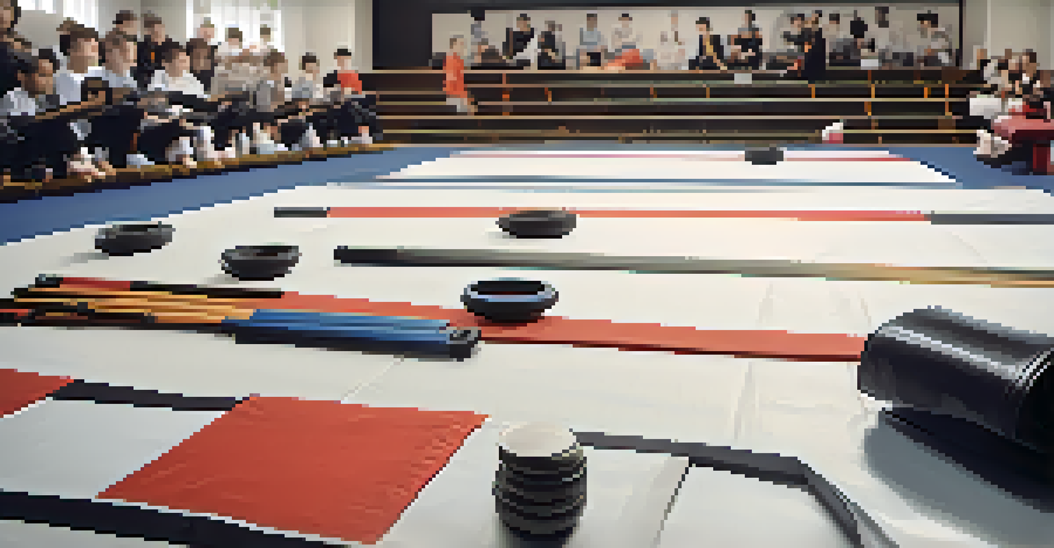 Close-up of adaptive martial arts equipment, including lightweight protective gear and balance aids, with students practicing in the background.