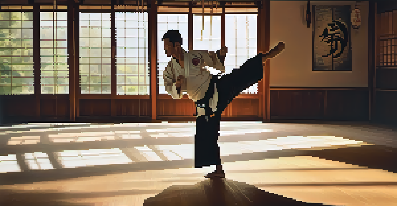 A martial artist practicing a high kick in a dojo, illuminated by sunlight.