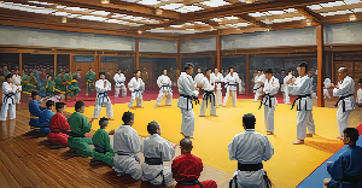 A lively training session with martial artists sparring, showcasing focus and determination.