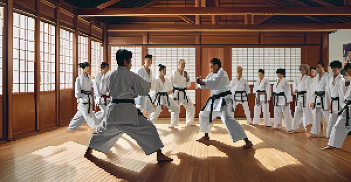 A diverse group of adults engaged in martial arts practice inside a dojo, highlighting teamwork and focus.