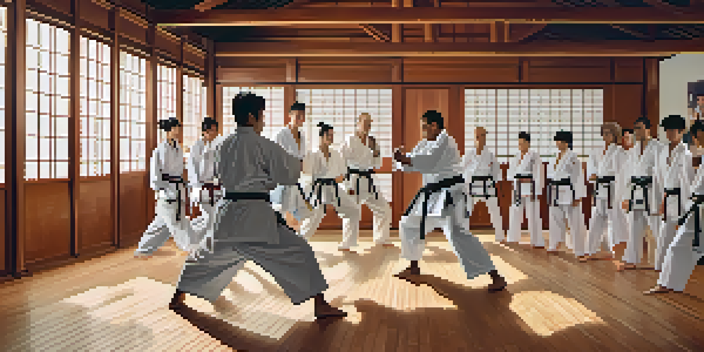 A diverse group of adults engaged in martial arts practice inside a dojo, highlighting teamwork and focus.