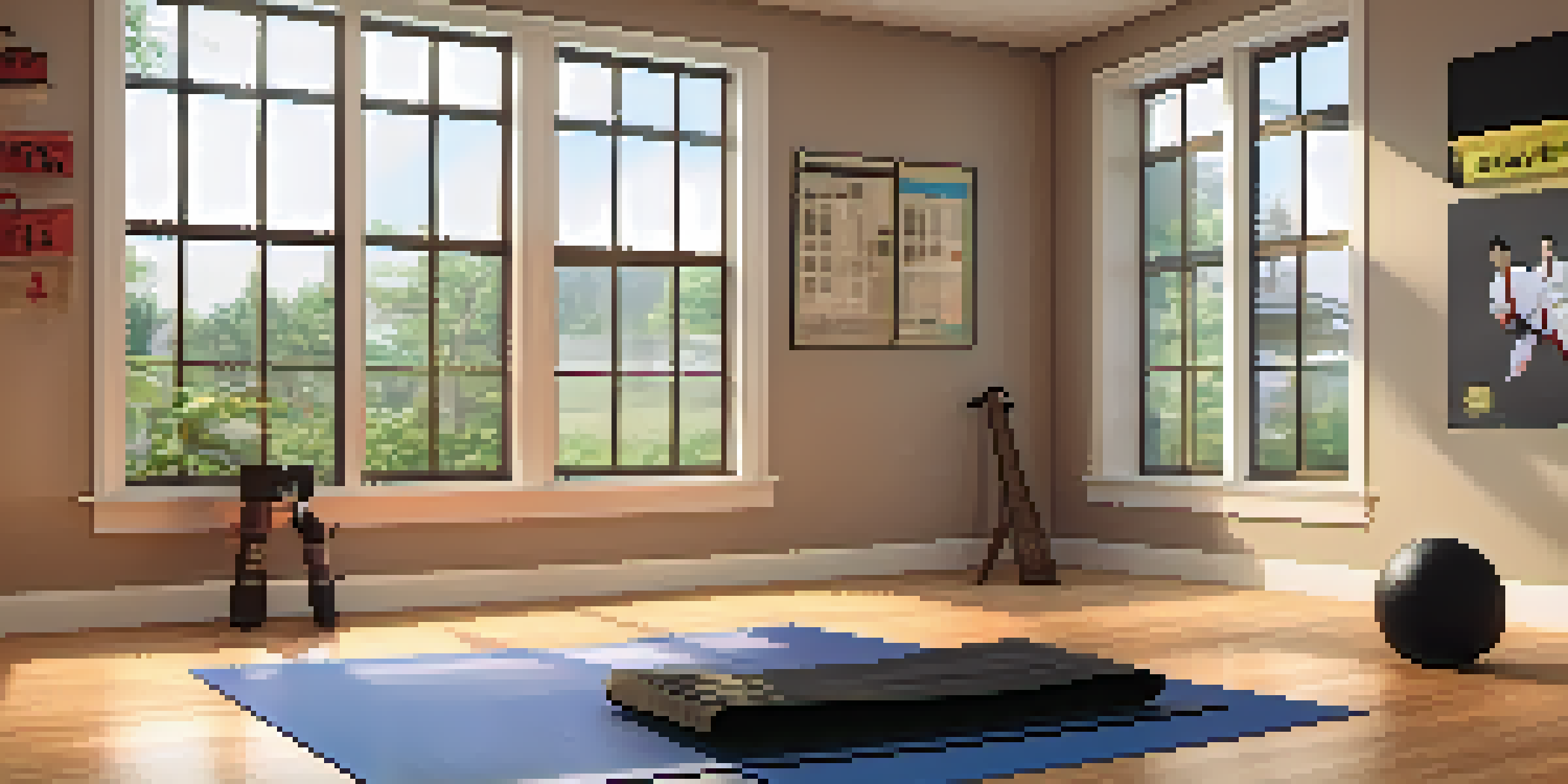 A bright and organized living room serving as a martial arts training space, featuring a mat, punching bag, and training gloves.
