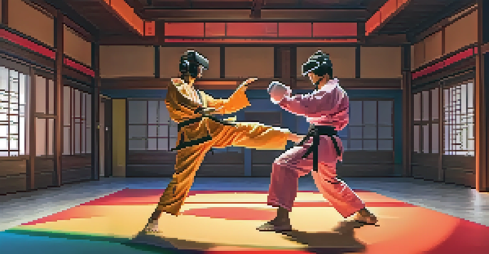 A martial artist in a virtual reality setup, performing a high kick against a virtual opponent in a digital dojo filled with traditional decor.