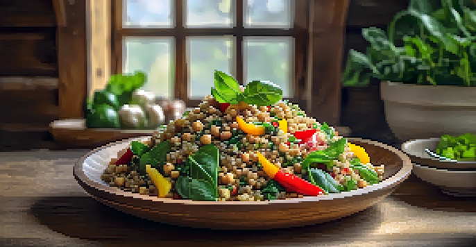 A colorful plant-based quinoa salad with chickpeas and vegetables in a wooden bowl, set in a softly lit kitchen.
