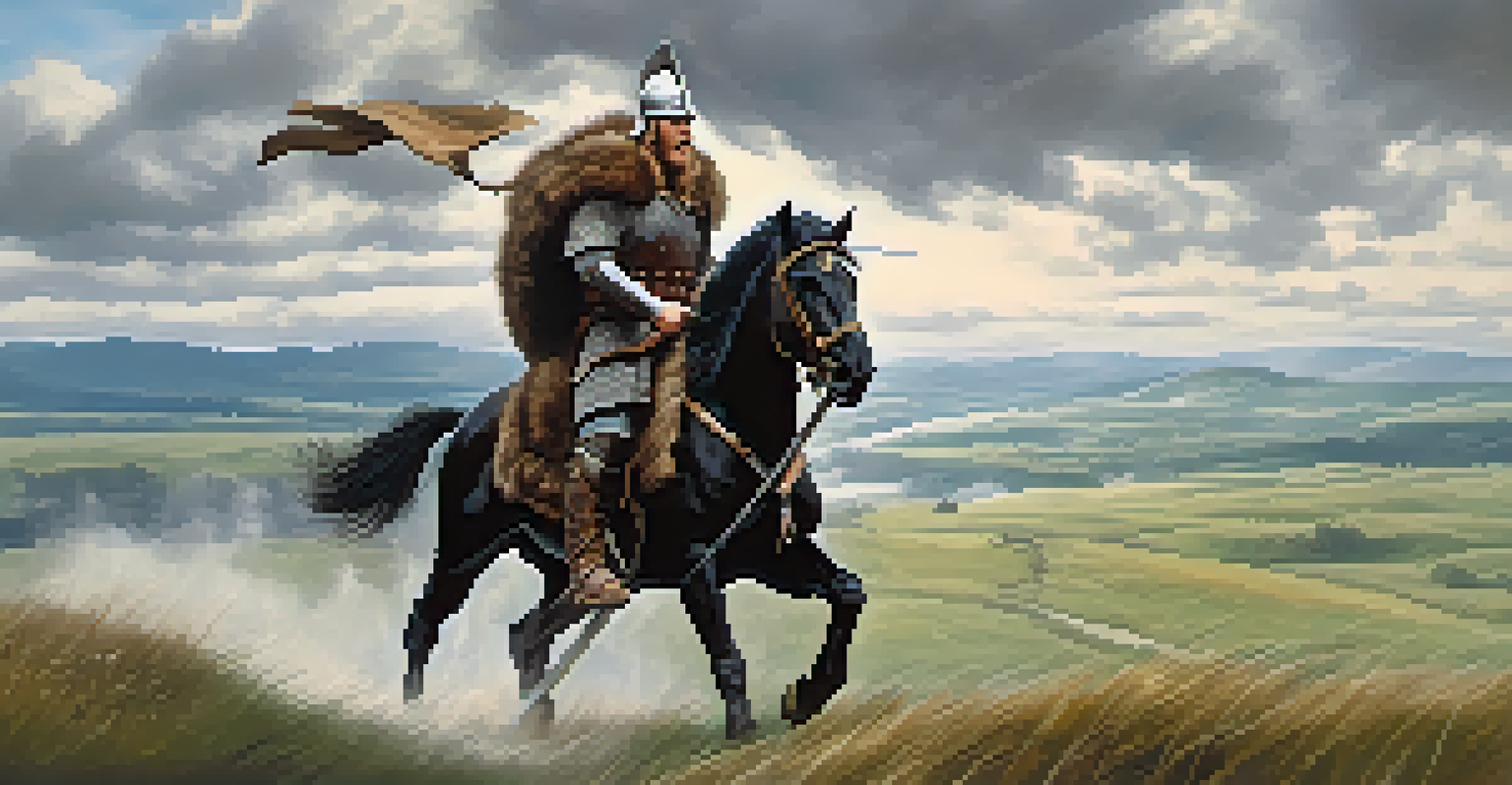A Viking warrior on horseback, charging with a lance, set against a vast landscape of hills and cloudy skies.