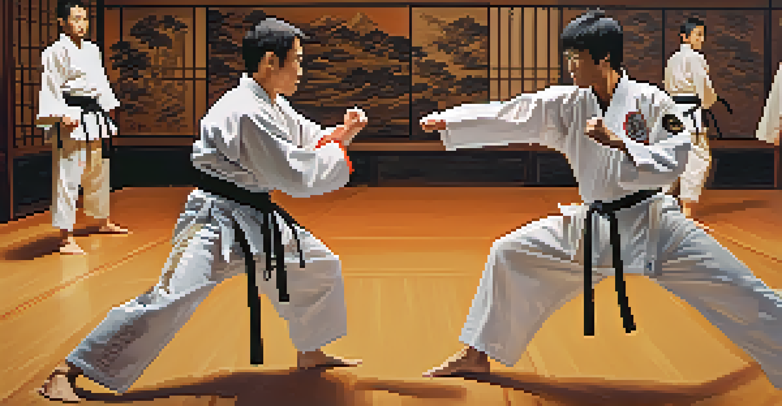 Two martial artists sparring in a dojo, displaying dynamic movements with intense focus.