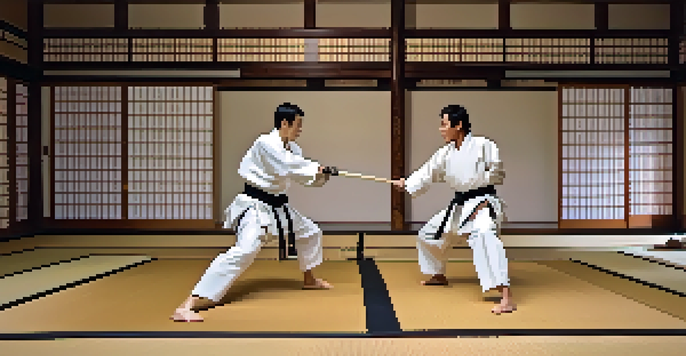 Two martial artists sparring in a traditional dojo, demonstrating controlled techniques with soft lighting and wooden elements.