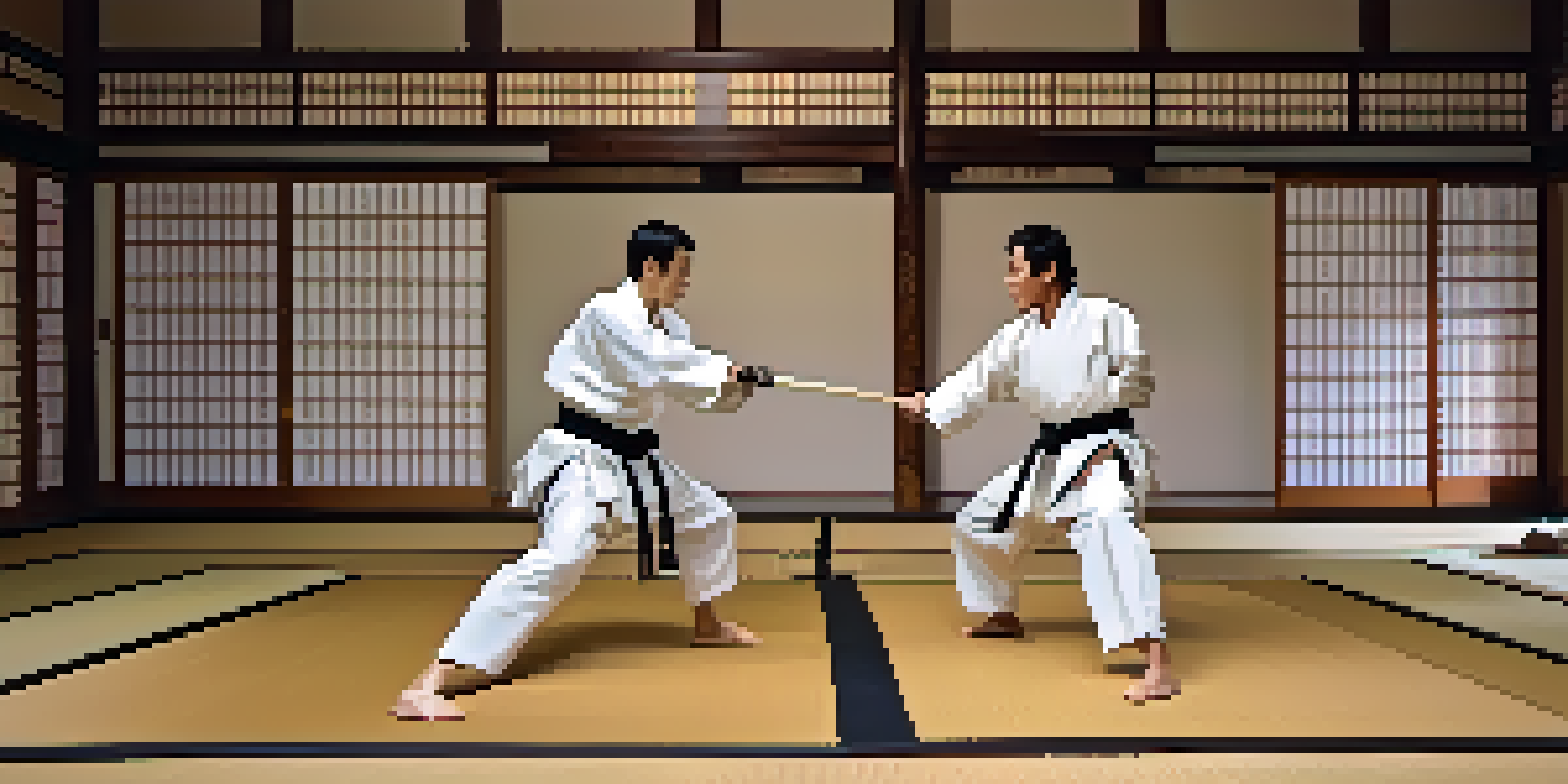 Two martial artists sparring in a traditional dojo, demonstrating controlled techniques with soft lighting and wooden elements.