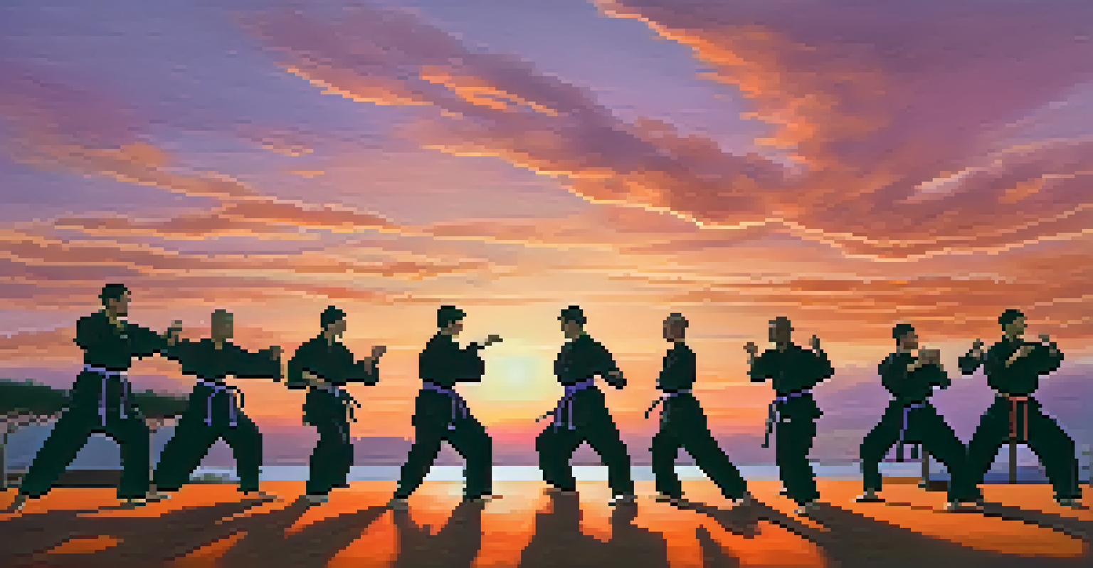 Practitioners performing synchronized martial arts movements outdoors at sunset, with a colorful sky in the background.