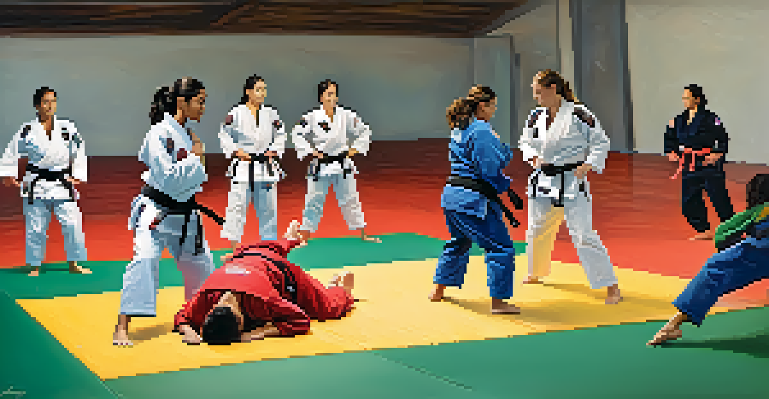 A group of female athletes practicing Brazilian jiu-jitsu, demonstrating techniques on the mats in a vibrant training environment.