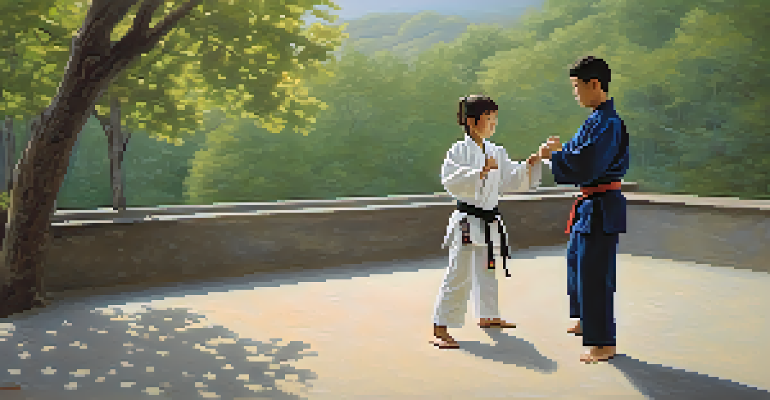 A martial arts instructor teaching a young student a stance outdoors, surrounded by nature and clear skies.