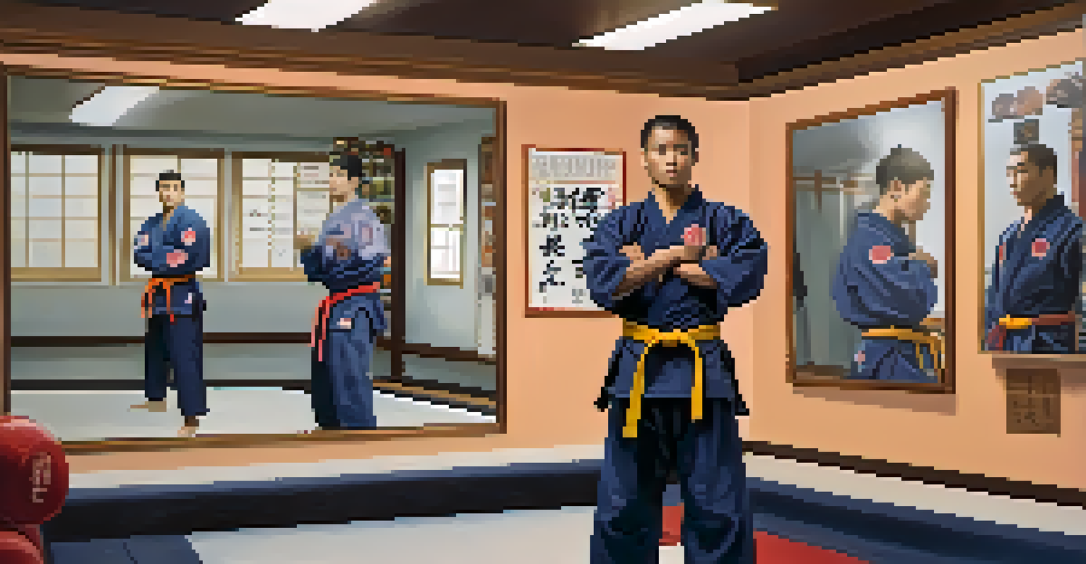 A martial artist visualizing success in front of a mirror before a sparring match in a dojo.