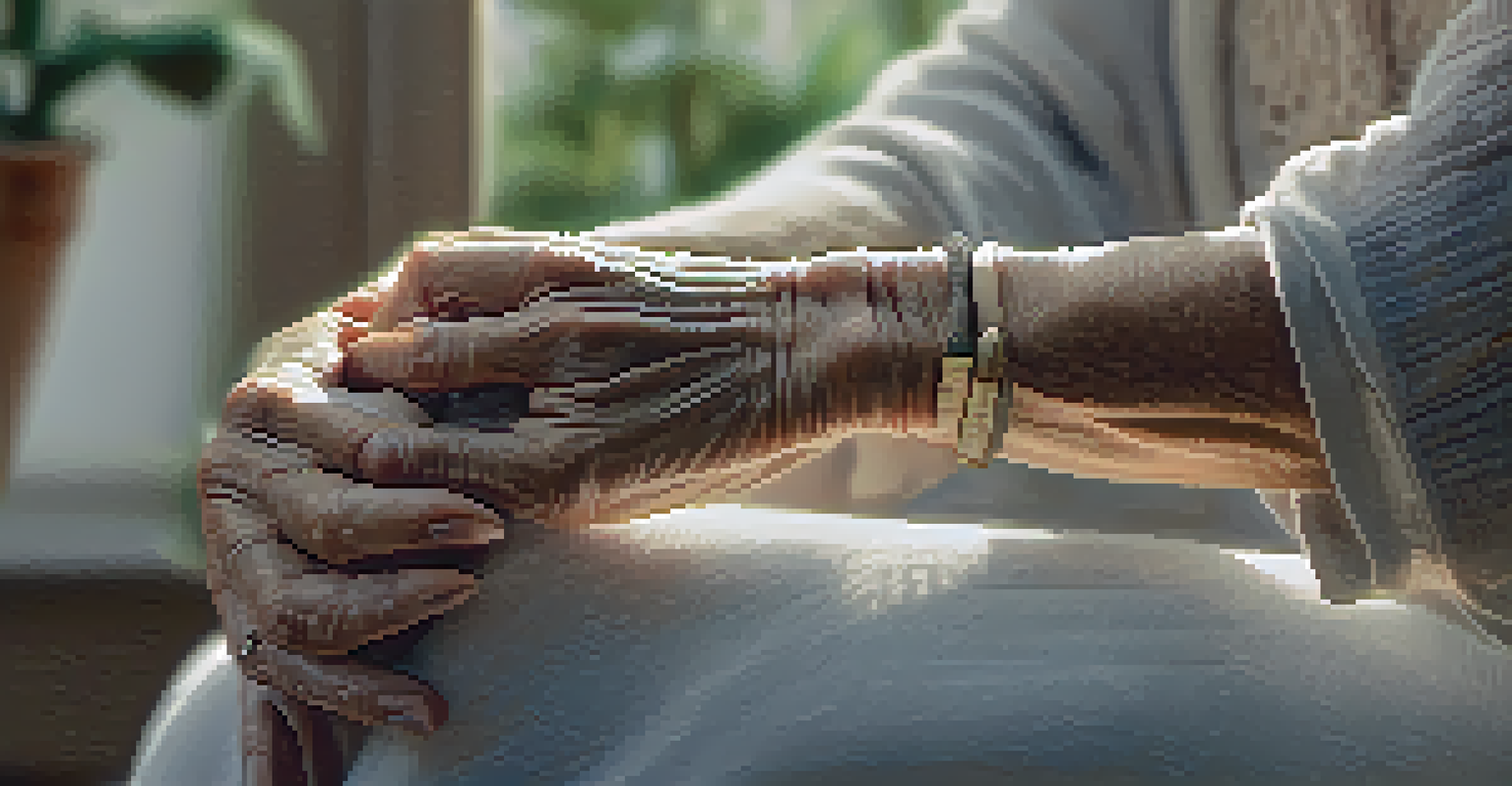 Close-up of an elderly woman's hands in a meditative pose, with a serene expression in a sunlit room.