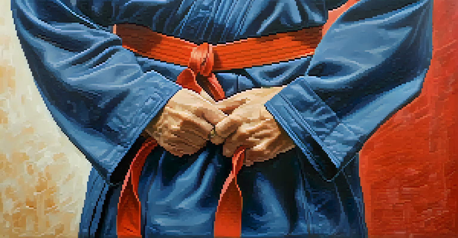 A close-up of a senior's hands tying a martial arts belt, symbolizing focus and dedication.