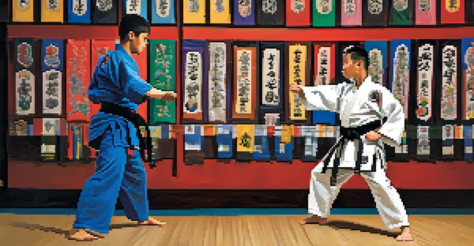 A mentor instructing a young martial artist on a kata in a colorful dojo, showcasing a supportive training environment.
