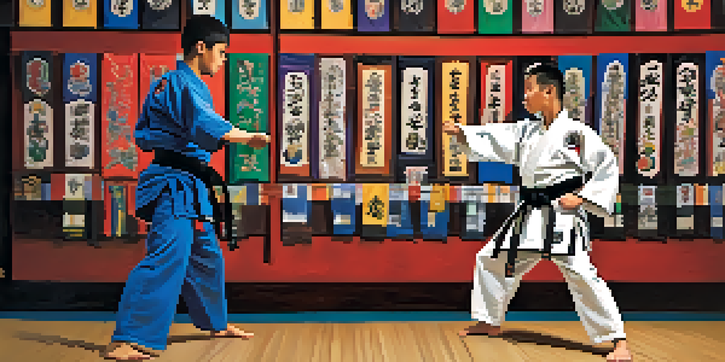 A mentor instructing a young martial artist on a kata in a colorful dojo, showcasing a supportive training environment.